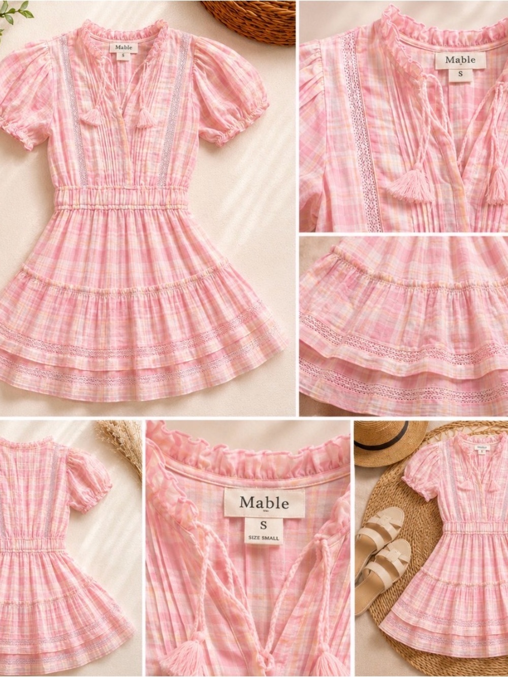 MARBLE Pink Plaid Ruffle Tiered Dress Top with Tassel Tie